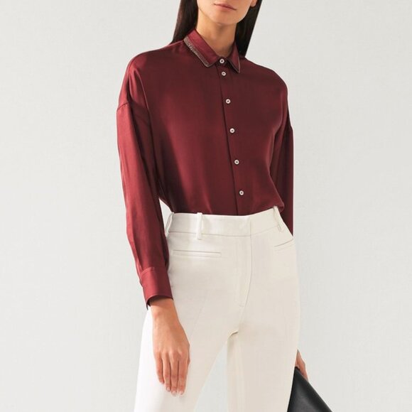 Brunello Cucinelli AW/18 Bordeaux Monili-Trim Silk Button-Up Blouse